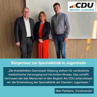 Die Vorstellung der Spezialklinik wurde von den Gesch�ftsf�hrern der Kreiskliniken Darmstadt-Dieburg, Frau Pelin Meyer und Herrn Christoph Dahmen mit einem hoch interessanten Vortrag  
vorgenommen. 
V.l.n.r: Christoph Dahmen, Pelin Meyer, Max Panhans
