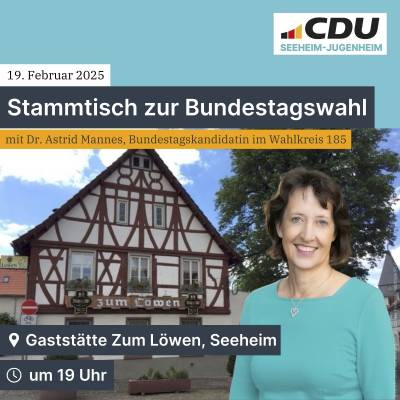 Ein sehr gut besuchter BTW-Stammtisch mit Dr. Astrid Mannes fand am Mi. 19.2. im L�wen in Seeheim statt.
