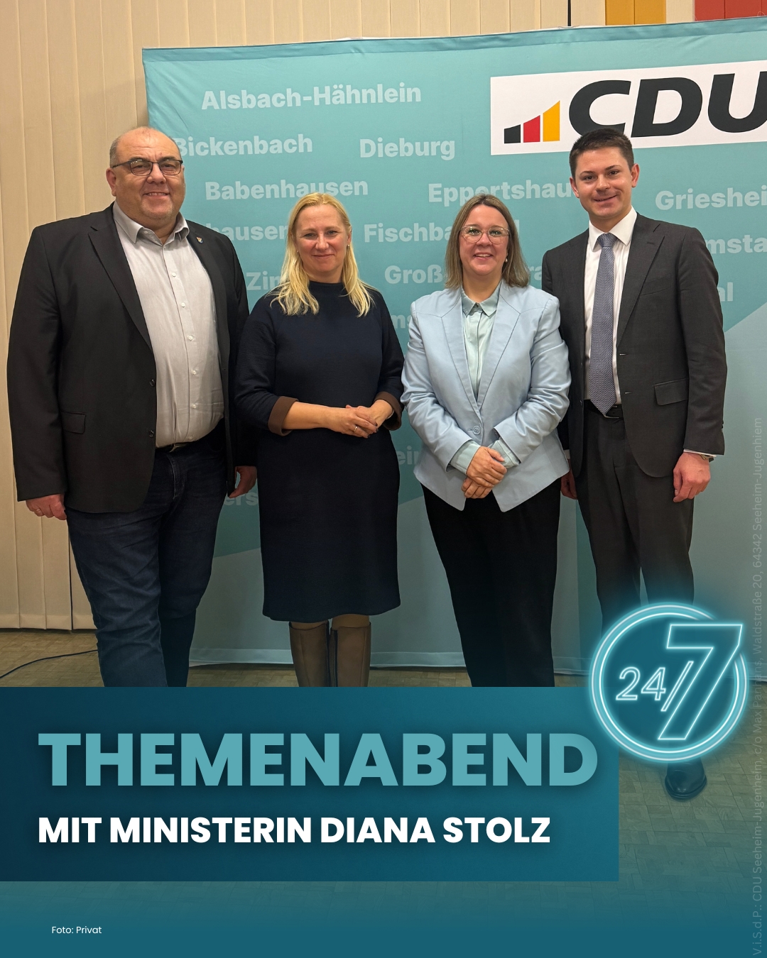 Auf dem Foto v.l.n.r.: stellv. B�rgermeister Dr. Thomas Fischbach, Ministerin Diana Stolz, Landtagsabgeordnete Ina D�rr, Parteivorsitzender Max Panhans